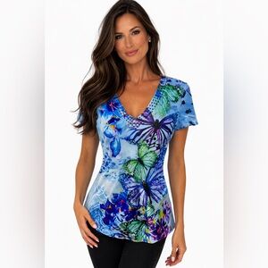 APT 9womens Multicolor Butterfly Top Size Medium Short Sleeve Studded V Neck